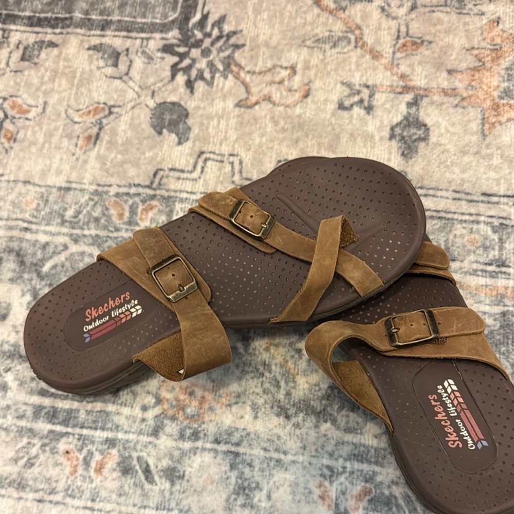 Women’s Skechers Brown Sandals with Cork Sole and Slip-On Design
